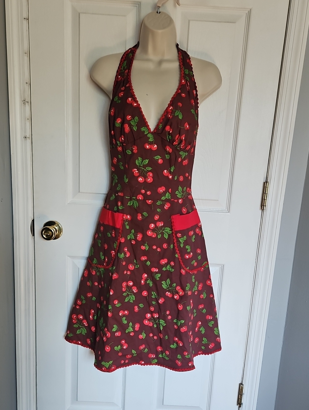 Pin Up Girl Clothing, Brown Cherries Rock A Billy  Halter Dress,